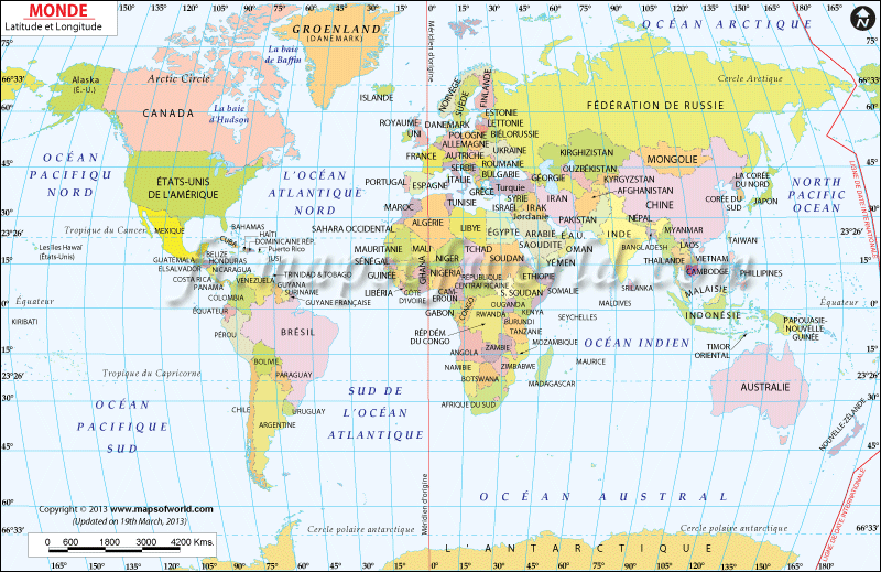 Carte du monde avec Latitude et Longitude