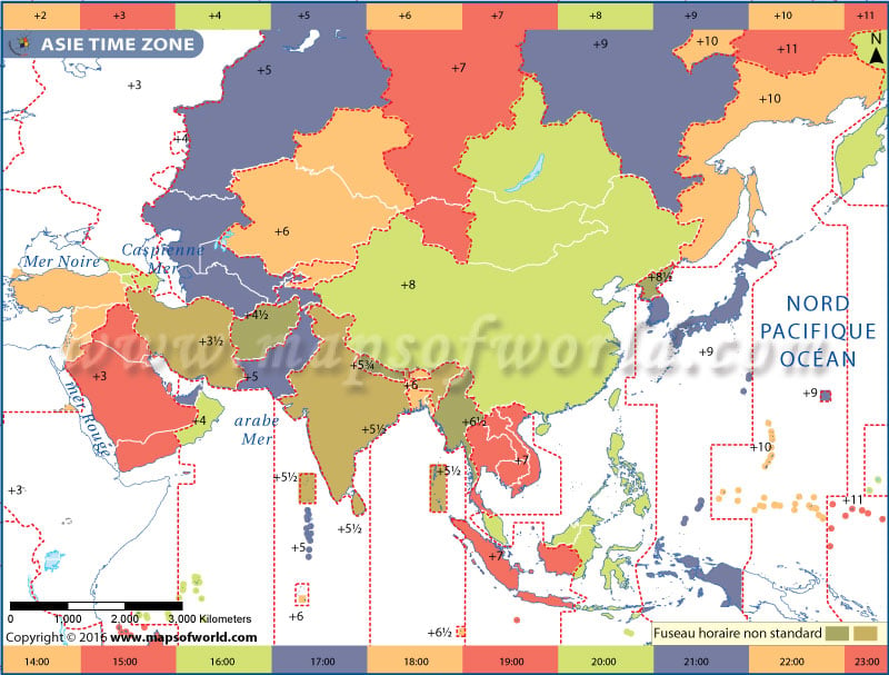 Carte du fuseau horaire de l'Asie