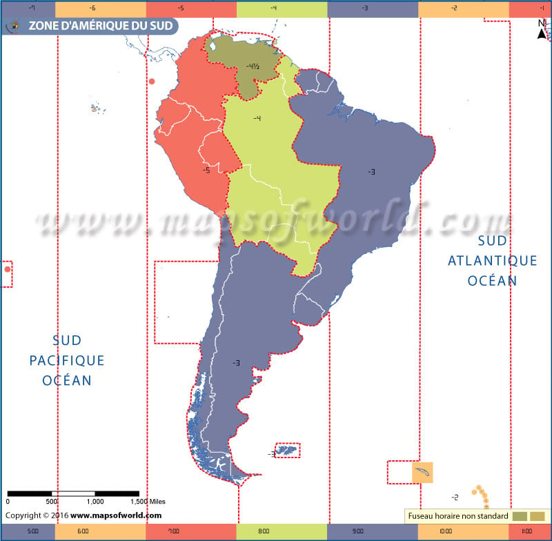 Carte du fuseau horaire de l'Amérique du Sud